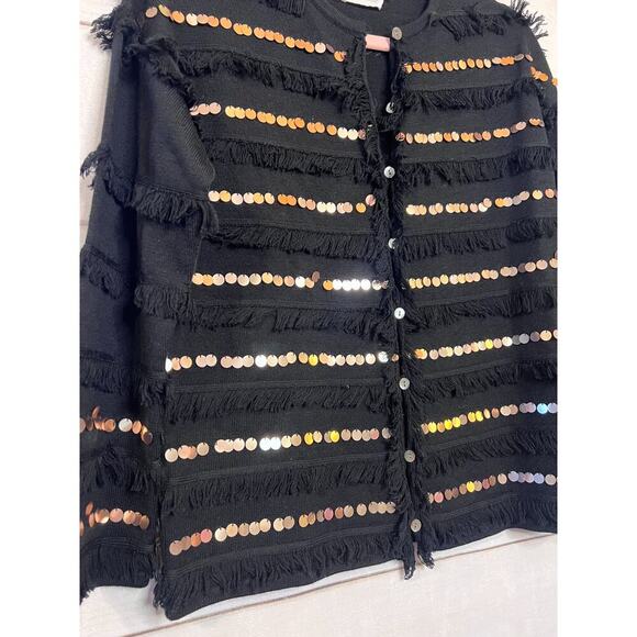 EK Edinburch Knitwear Size XS Black Button Up Cardigan Fray and Gold Detailing - Picture 8 of 8